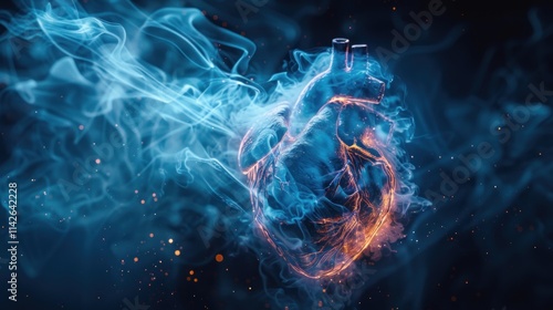 Fiery Heart of Ice: A Stunning Depiction of a Human Heart Enveloped in Smoke and Fire,