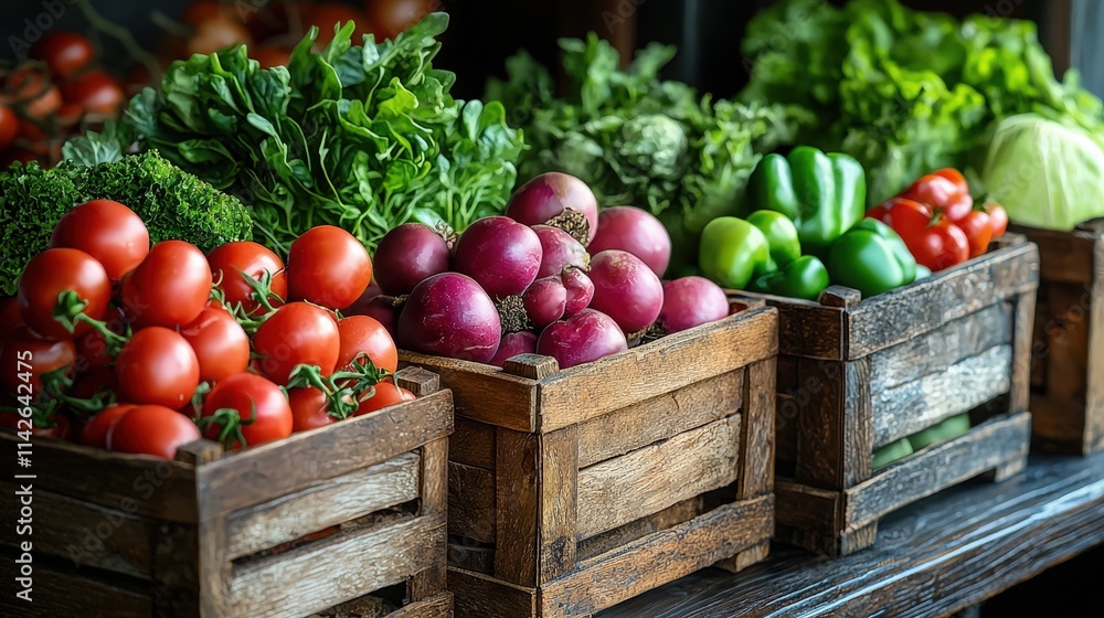 Fresh Organic Vegetables Displayed in Wooden Crates with Colorful Produce Including Tomatoes, Peppers, Lettuce, and Radishes at a Local Farmers Market Fresh Organic Vegetables Displayed in Wooden Crates with Colorful Produce Including Tomatoes, Peppers, Lettuce, and Radishes at a Local Farmers Market