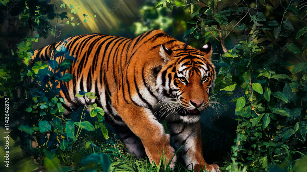 Fototapeta premium A majestic tiger navigates the thick jungle undergrowth, its bright orange stripes highlighted by the vibrant green foliage.