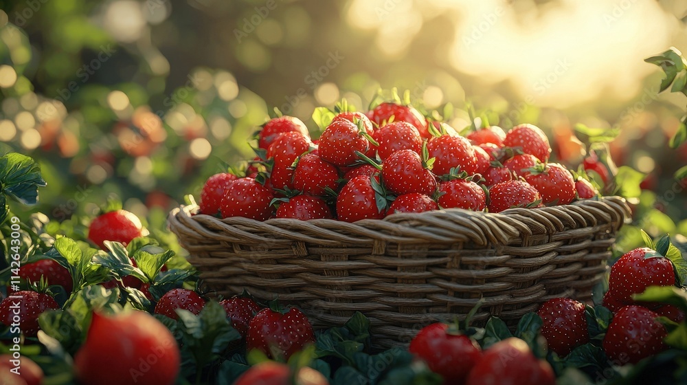 Freshly Harvested Strawberries in Woven Basket Surrounded by Lush Green Foliage Under Warm Sunset Glow Freshly Harvested Strawberries in Woven Basket Surrounded by Lush Green Foliage Under Warm Sunset Glow