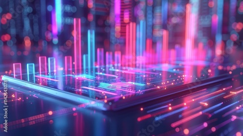 Neon Cityscape Data Visualization: Futuristic data analysis displayed on a transparent platform,