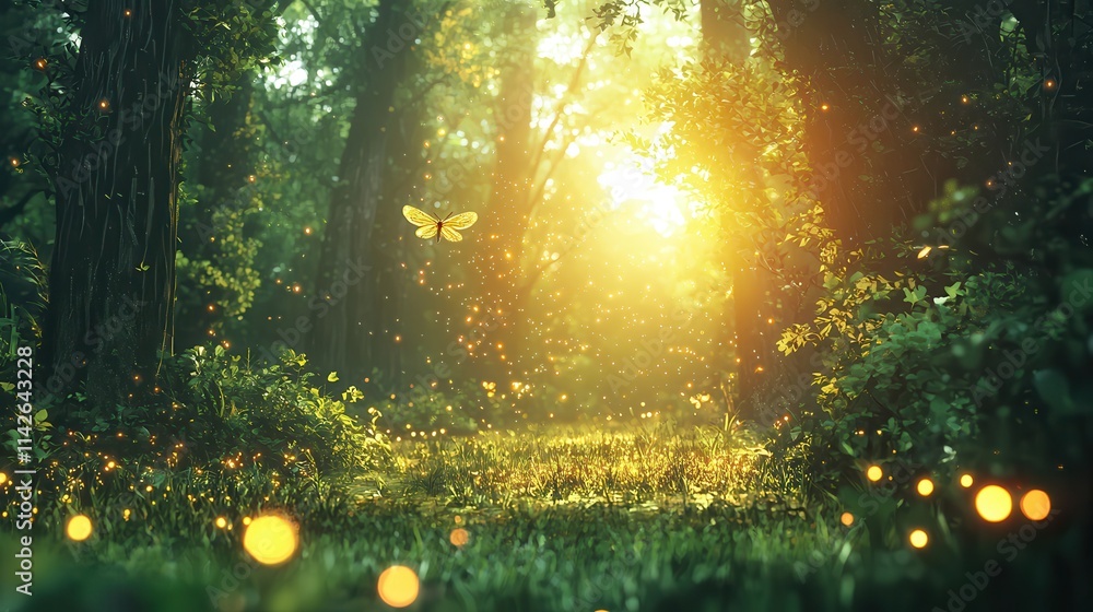 Obraz premium magical forest with glowing fireflies and sunlight