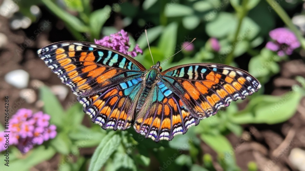 Vibrant Butterfly with Colorful Wings Resting on Green Leaves Vibrant Butterfly with Colorful Wings Resting on Green Leaves