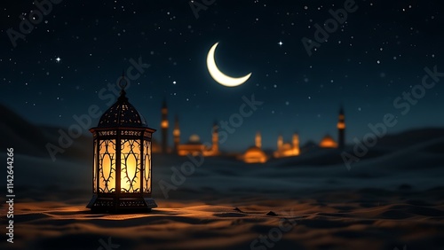 Arabic lantern of ramadan celebration background illustration. Generative AI photo