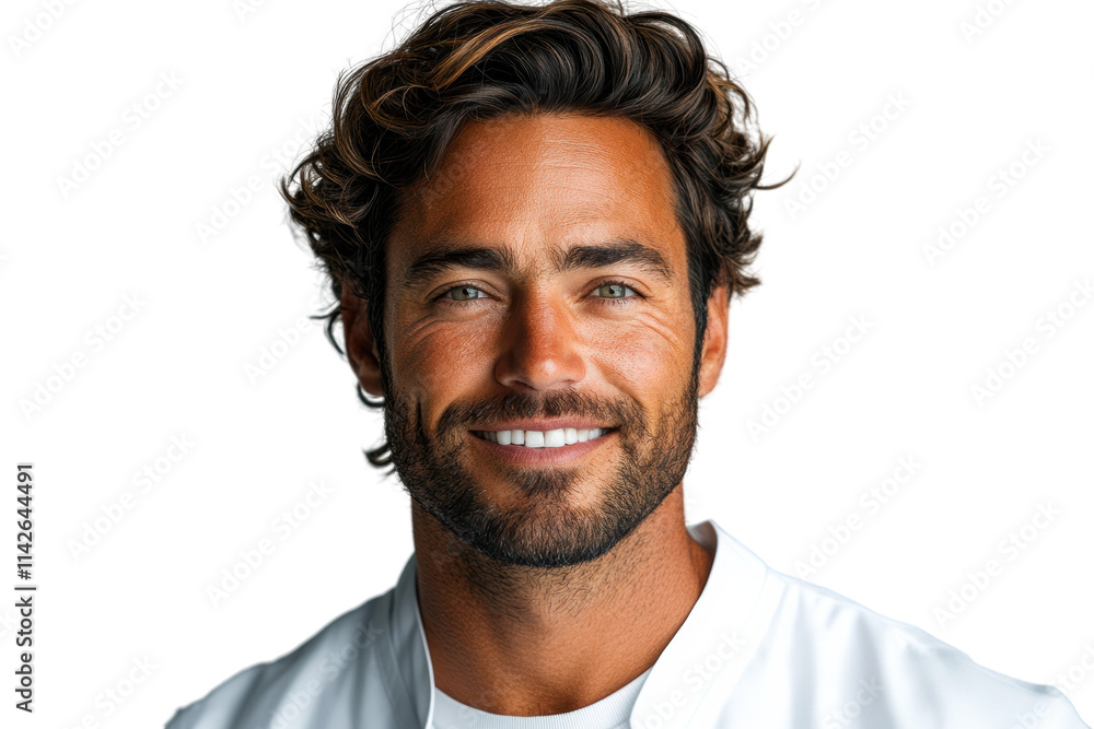 A cheerful man with wavy hair and a bright smile, wearing a white coat, isolated on a white background. A cheerful man with wavy hair and a bright smile, wearing a white coat, isolated on a white background.