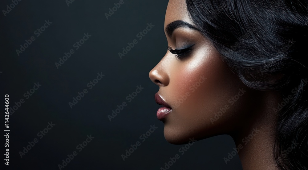 A close-up portrait of a beautiful black woman with long shiny hair and make-up . Haircare, beauty and cosmetics concept. A close-up portrait of a beautiful black woman with long shiny hair and make-up . Haircare, beauty and cosmetics concept.