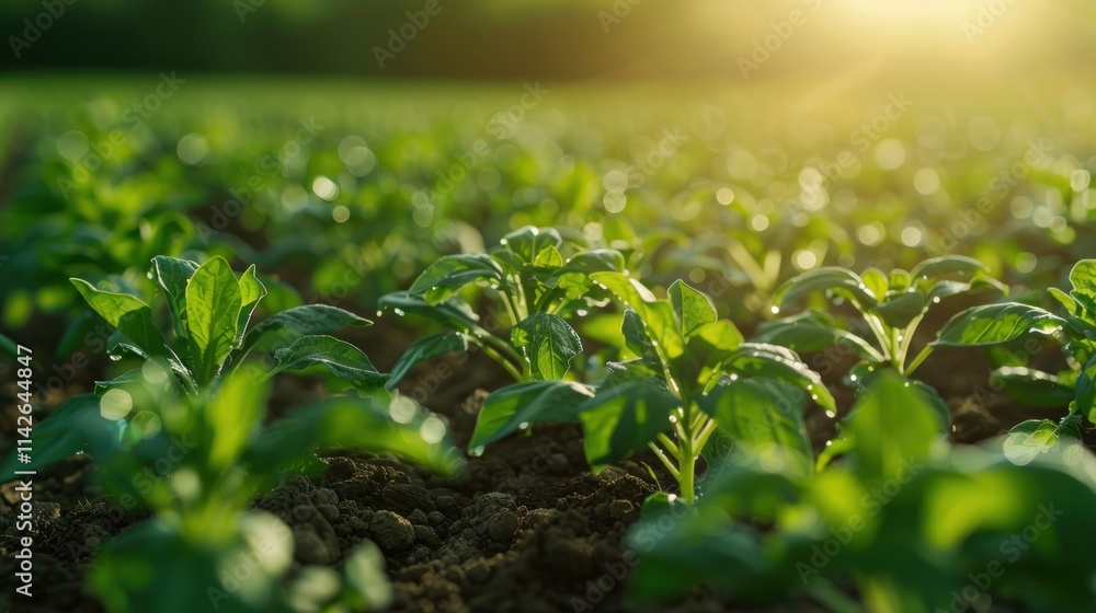 Young potato plants growing in a field at sunset. Young potato plants growing in a field at sunset.