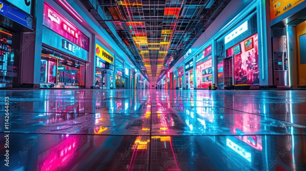 Neon-lit Shopping Mall Reflections Neon-lit Shopping Mall Reflections
