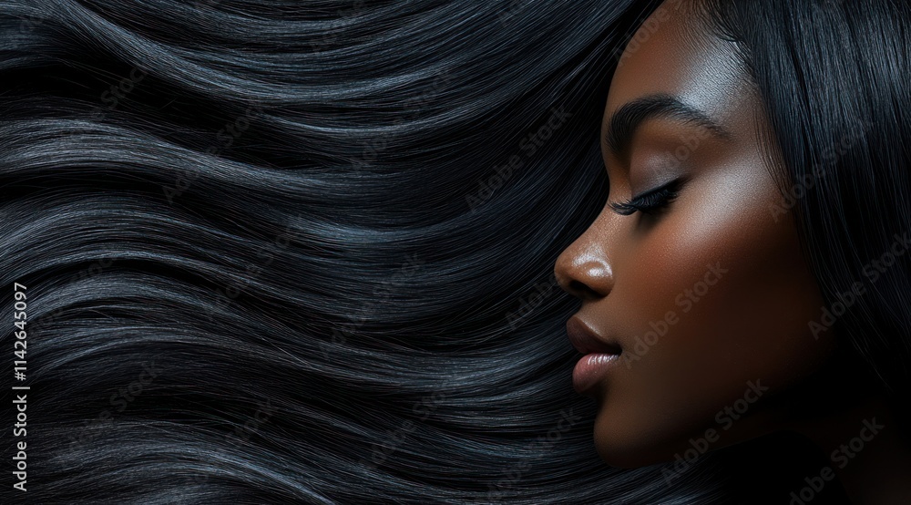 A close-up portrait of a beautiful black woman with long shiny hair and make-up . Haircare, beauty and cosmetics concept. A close-up portrait of a beautiful black woman with long shiny hair and make-up . Haircare, beauty and cosmetics concept.