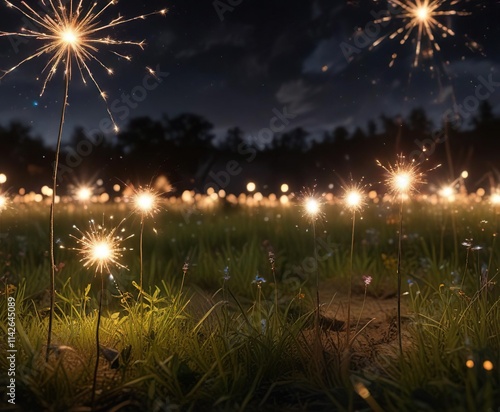 Sparklers lighting up a darkened meadow with colorful lights, sparkler lights, glowing sparks, celebration atmosphere photo