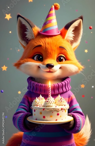 Obraz na płótnie A cheerful fox in a party hat is joyfully holding a birthday cake w salonie