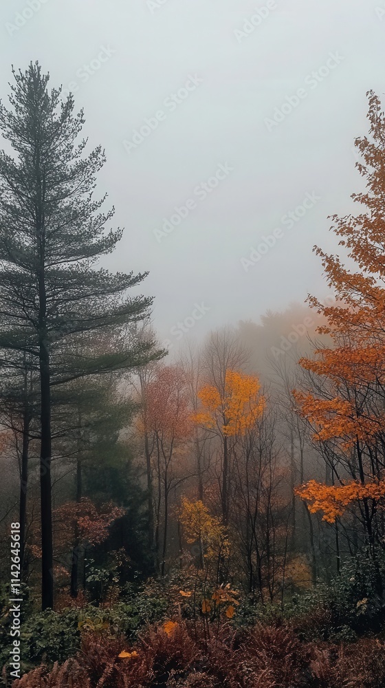 Autumn trees covered in fog reveal vibrant colors in a serene forest landscape Autumn trees covered in fog reveal vibrant colors in a serene forest landscape