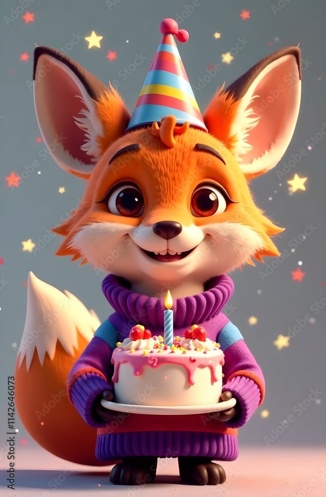 A cheerful fox in a party hat is joyfully holding a birthday cake