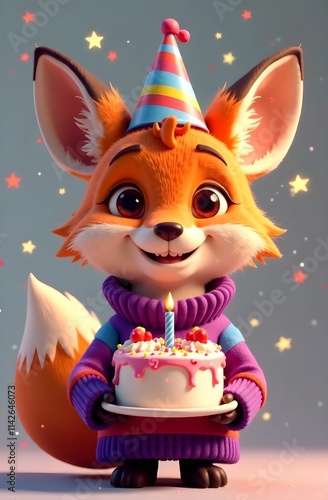 A cheerful fox in a party hat is joyfully holding a birthday cake