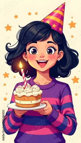 A cheerful girl in a party hat is joyfully holding a birthday cake