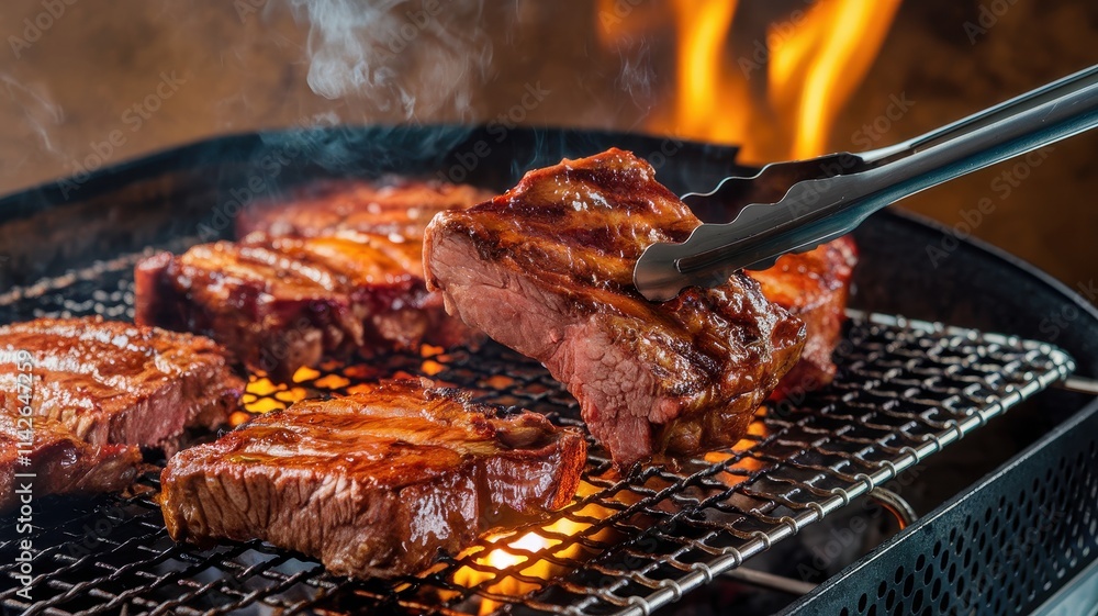 Grill with meat on it and a spatula Grill with meat on it and a spatula