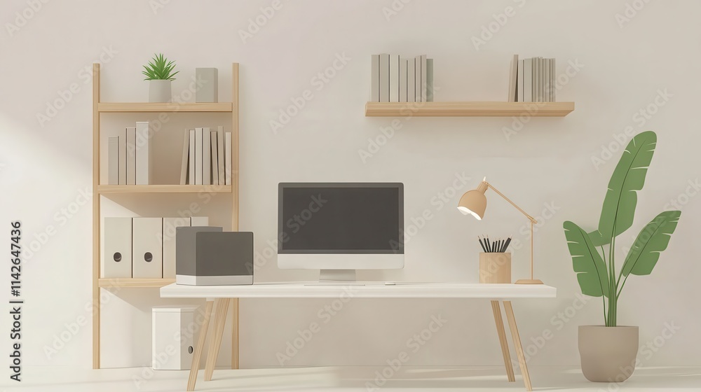 Fototapeta premium Modern Clean 3D Rendering of Home Office Setup