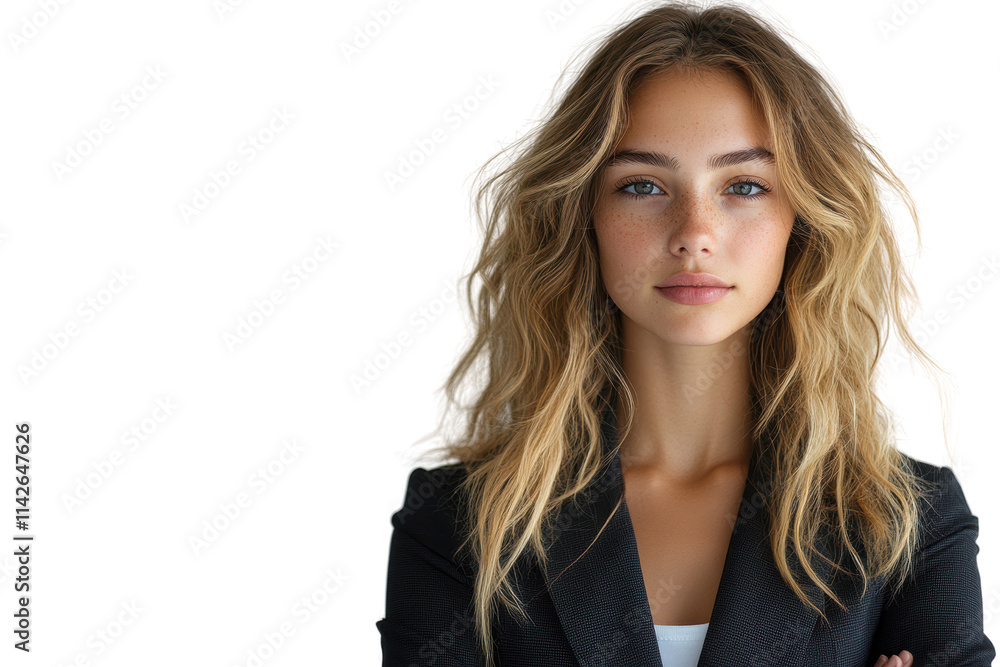 A confident young woman with tousled hair, wearing a stylish blazer, standing in a portrait style against a white isolate background. A confident young woman with tousled hair, wearing a stylish blazer, standing in a portrait style against a white isolate background.
