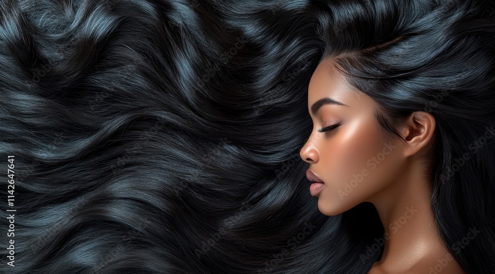 Obraz premium A close-up portrait of a beautiful black woman with long shiny hair and make-up . Haircare, beauty and cosmetics concept.