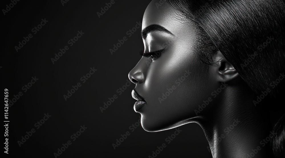 A close-up portrait of a beautiful black woman with long shiny hair and make-up . Haircare, beauty and cosmetics concept. A close-up portrait of a beautiful black woman with long shiny hair and make-up . Haircare, beauty and cosmetics concept.