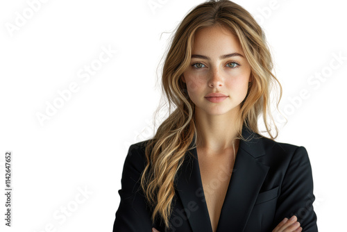 A confident young woman with wavy hair, dressed in a professional black blazer, stands with her arms crossed, exuding poise and determination.