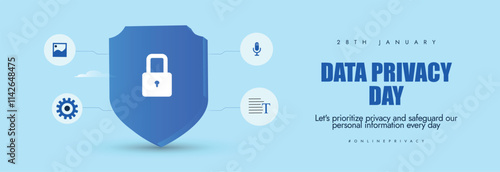 Data Privacy Day. Privacy day 28th January post to raise awareness about Privacy of Data with Data Protection Shield, photo, audio, identity, document icons. Protect your data awareness cover