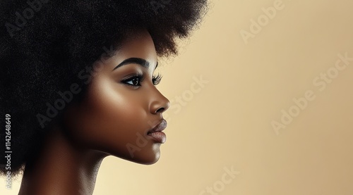 A close-up portrait of a beautiful black woman with long shiny hair and make-up . Haircare, beauty and cosmetics concept.