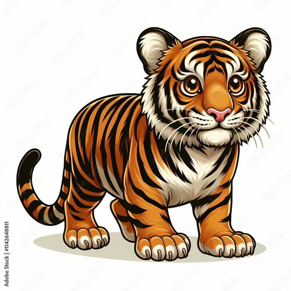 Obraz premium A cute cartoon-style Sunda tiger cub with bright orange and black stripes, showcasing playful charm.