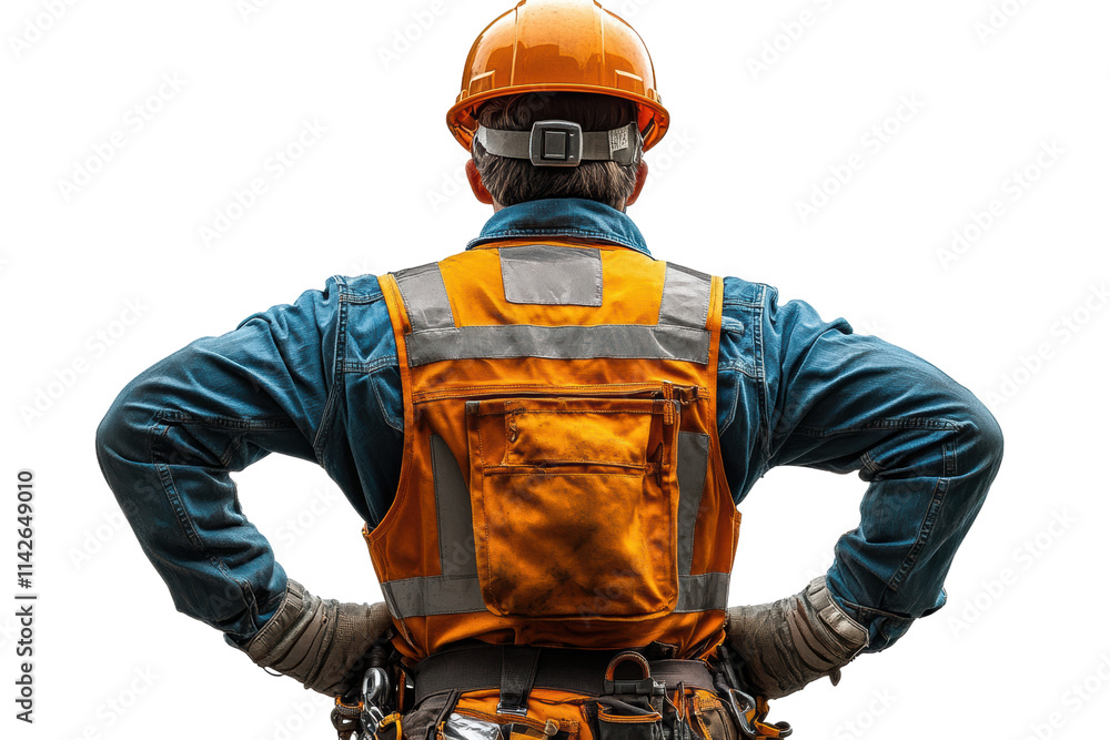 Fototapeta premium A construction worker in an orange safety vest and helmet stands with hands on hips, observing the site with determination and focus.