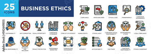 BUSINESS ETHICS, business, corporate, compliance, management, integrity icon set. icons collection. Simple vector illustration