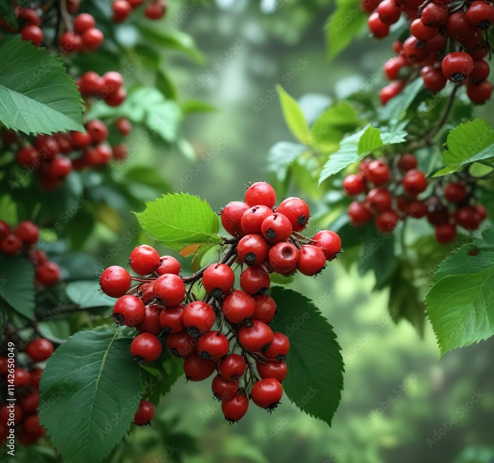 Vibrant red berries blending with green foliage in nature, earthy, outdoor, lush, vibrant colors, plant life Vibrant red berries blending with green foliage in nature, earthy, outdoor, lush, vibrant colors, plant life