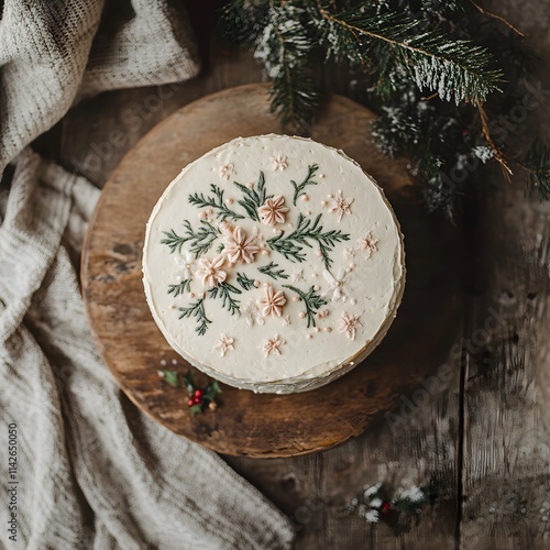 A whimsical bohemian Christmas cake on a rustic table.