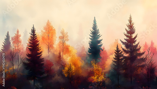 Autumn forest landscape. Colorful watercolor painting of fall season. Red and yellow trees. Beautiful leaves, pine trees. Minimal elegant flat scenery. Artistic natural scenery. Vintage pastel colors.