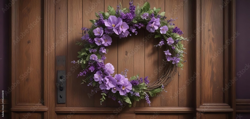 Fototapeta premium Vintage-inspired violet floral wreath on a wooden door, natural elements, rustic charm