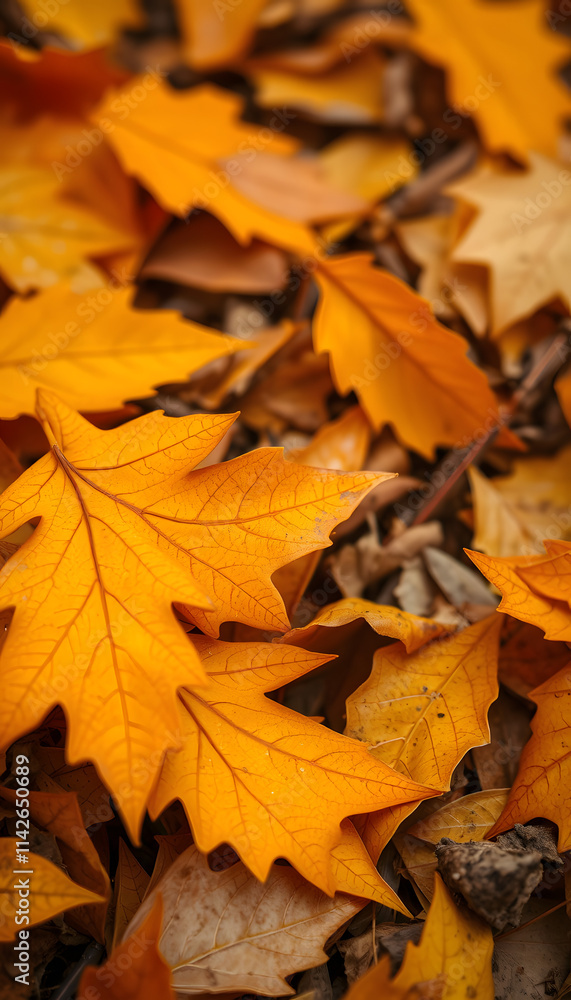 Closeup shot of fallen orange yellow autumn leaves as wallpaper, vibrant. isolated with white highlights Closeup shot of fallen orange yellow autumn leaves as wallpaper, vibrant. isolated with white highlights