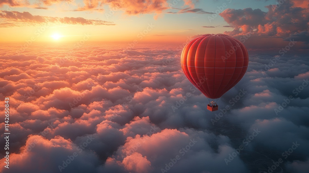 Obraz premium Hot air balloon soaring above colorful clouds at sunset.