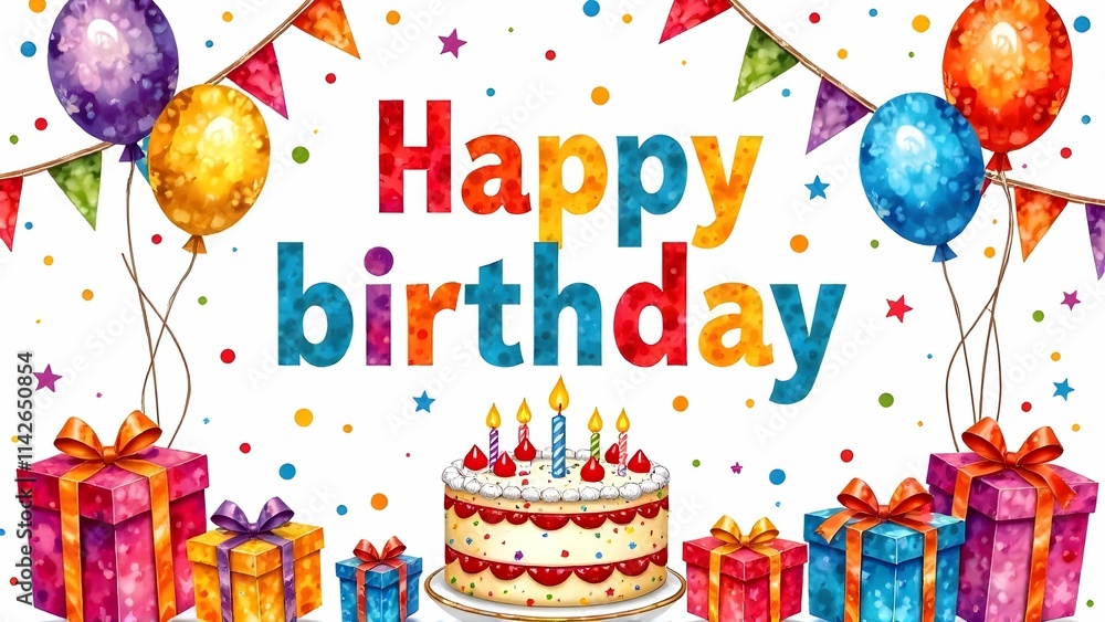 This is a joyful birthday card featuring a delightful cake and gifts