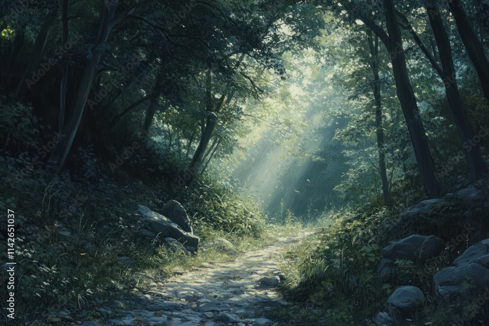 Obraz premium Serene Forest Path Bathed in Sunlight with Gentle Rays Illuminating the Lush Greenery, Creating a Tranquil and Peaceful Atmosphere in Nature