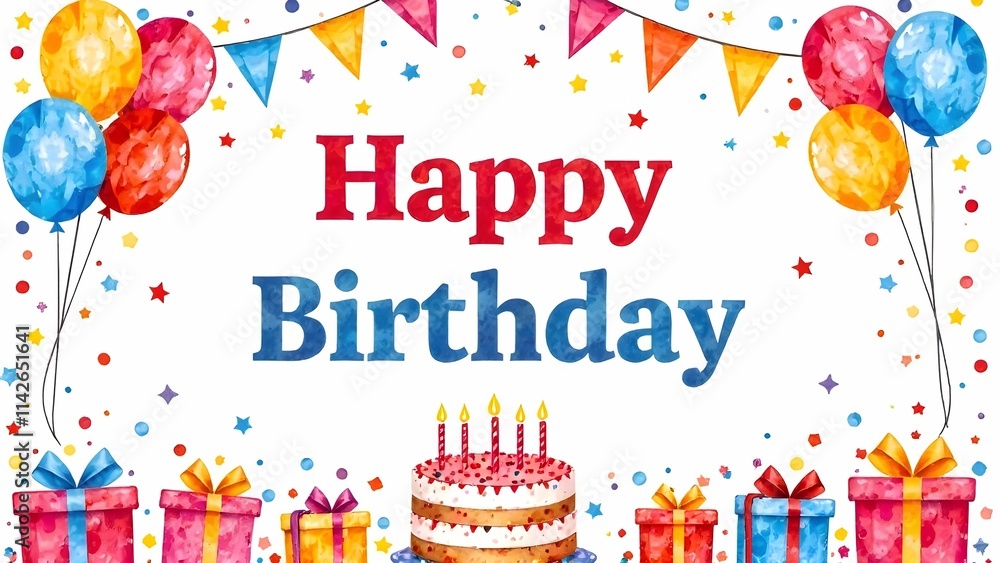 This is a joyful birthday card featuring a delightful cake and gifts
