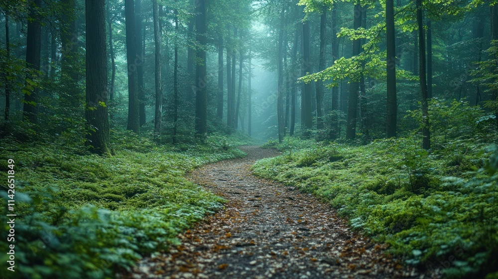 Fototapeta premium Forest path winds into misty woods.