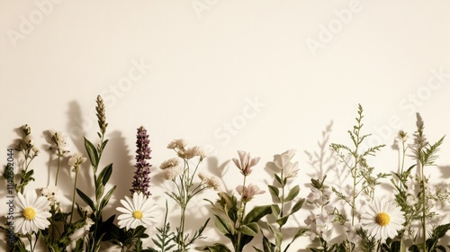 Beautiful wild flowers chamomile, purple wild peas border. Daisy frame banner template. Beautiful spring or summer nature season background. Copy space for text, white background