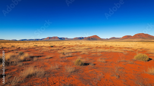 Australian outback landscape with cracked red earth and blue sky