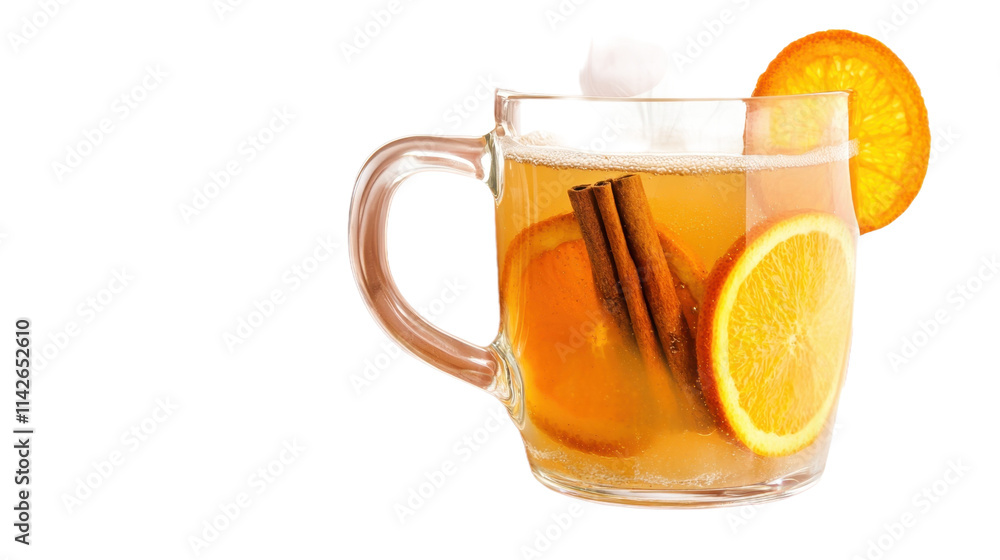 Glass Mug of Hot Mulled Tea with Oranges and Cinnamon, isolated on a transparent background Glass Mug of Hot Mulled Tea with Oranges and Cinnamon, isolated on a transparent background