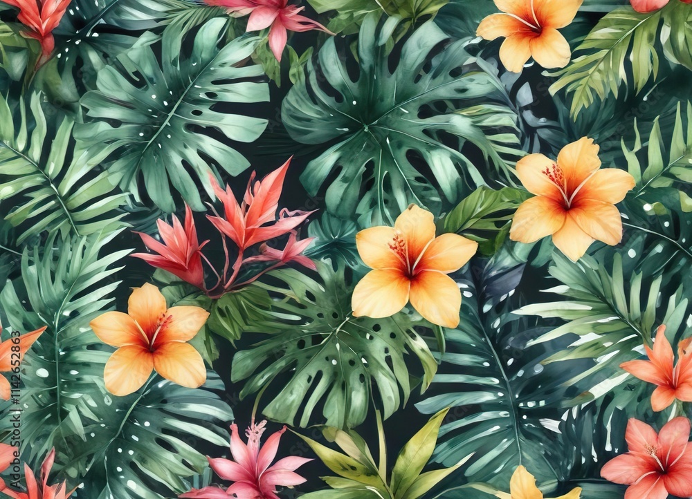 Watercolor seamless background featuring a stylized arrangement of tropical leaves and flowers, botanical illustrations., natural elements, stylized leaf patterns Watercolor seamless background featuring a stylized arrangement of tropical leaves and flowers, botanical illustrations., natural elements, stylized leaf patterns