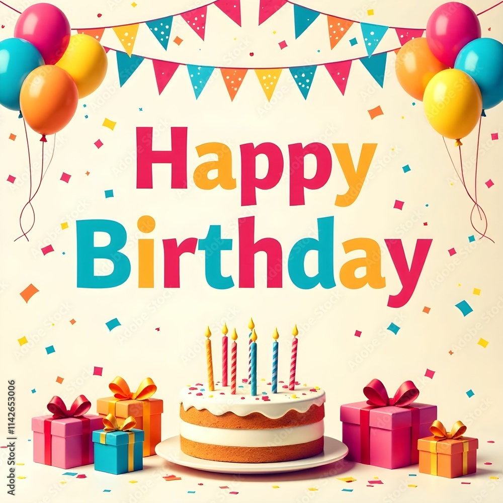 This is a joyful birthday card featuring a delightful cake and gifts