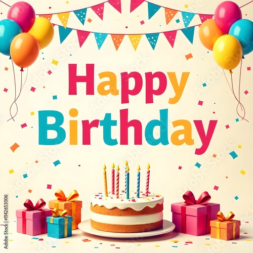 This is a joyful birthday card featuring a delightful cake and gifts