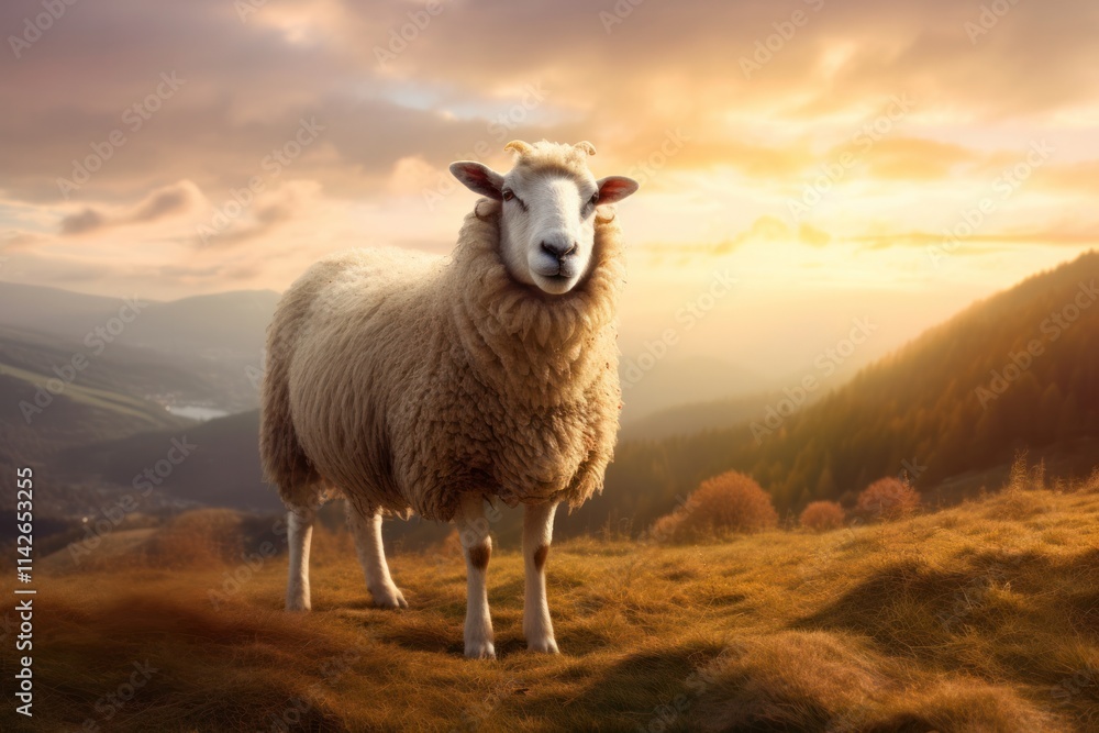 Obraz premium A picturesque scene of a single sheep standing majestically on a grassy knoll, with a wide-angle view of the sun setting behind distant mountains