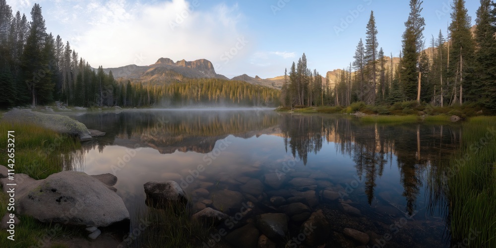 A calm mountain lake reflecting the sky surrounded by pine trees under a blue sky with wispy clouds. A calm mountain lake reflecting the sky surrounded by pine trees under a blue sky with wispy clouds.