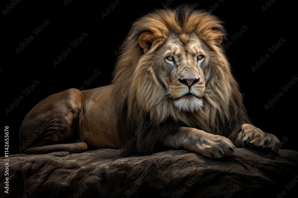Fototapeta premium A regal lion resting on a rock, its muscular body relaxed yet alert, capturing the essence of wildlife in its natural habitat, with a rich texture of its mane detailed against the darkness.