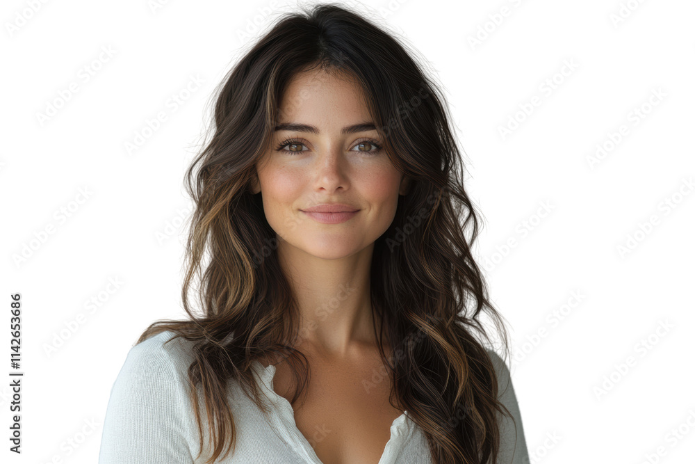 A smiling woman with long, wavy hair wearing a white shirt, exuding confidence and warmth against a clear, isolated background. A smiling woman with long, wavy hair wearing a white shirt, exuding confidence and warmth against a clear, isolated background.